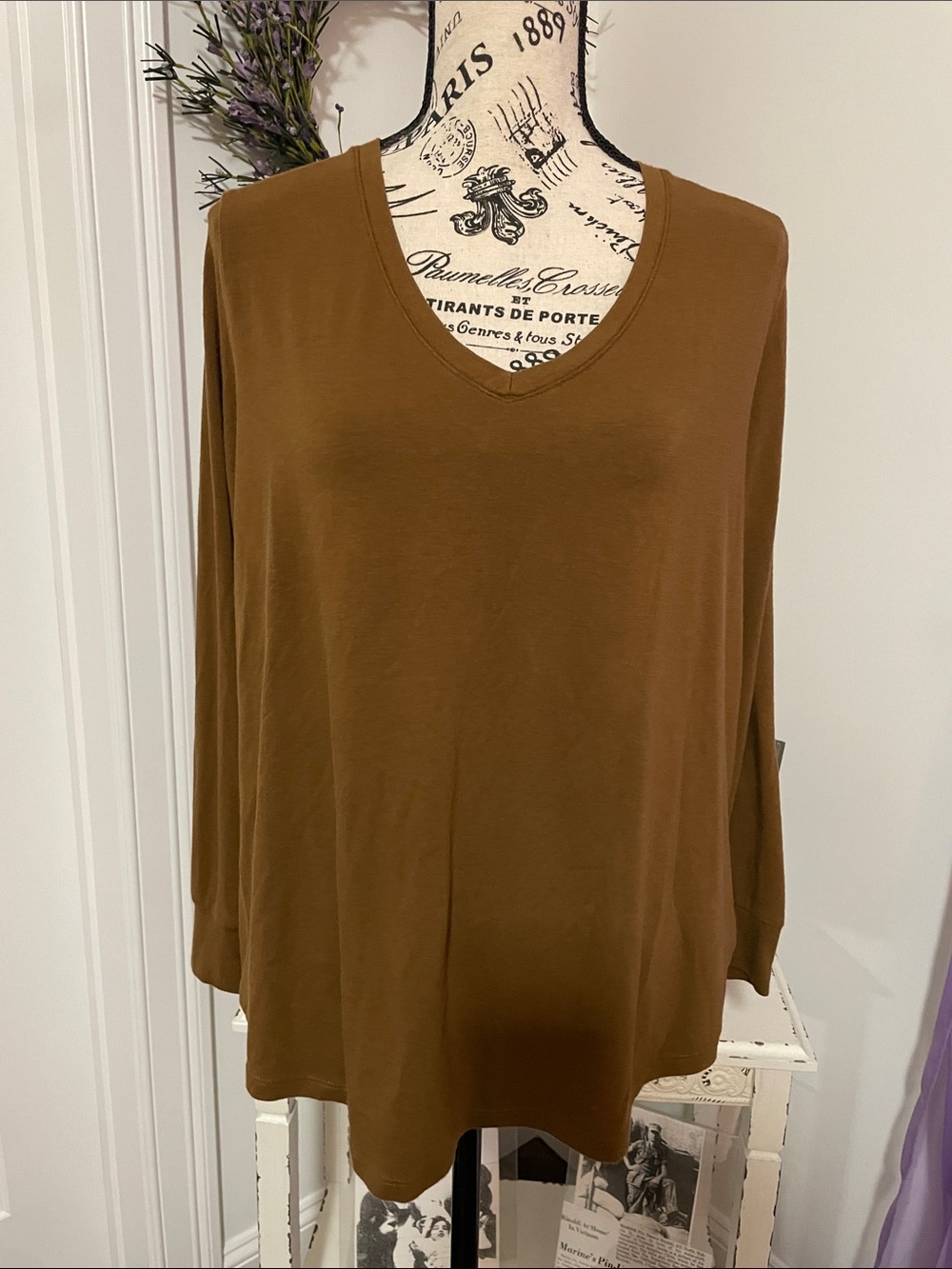 Relaxed V-Neck Long Sleeve T-Shirt in Coffee